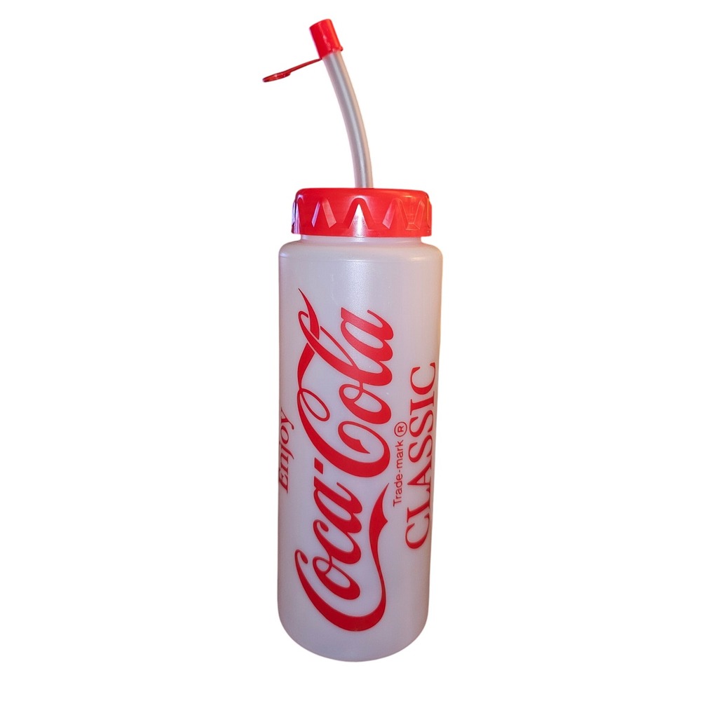Coca Cola Classic White Plastic Water Sports Bottle‎ Red Straw Lid USA Vintage